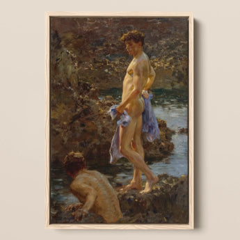 A Bathing Group (1914) - Henry Scott Tuke Art Print / Canvas Framed Oil Painting Two Nude Figures Rocky Water-filled Bathing Group,