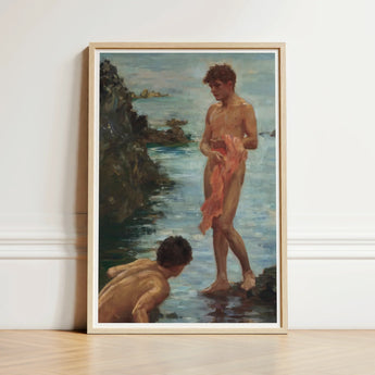 Framed Oil Painting Two Nude Boys Seaside Soft Henry Scott, Tuke, Eden’s Echo Reimagined