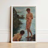 Framed Oil Painting Two Nude Boys Seaside Rendered Henry Scott, Tuke, Eden’s Echo Reimagined