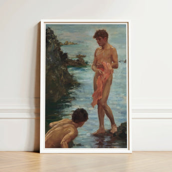 Framed Oil Painting Two Nude Boys Seaside Rendered Henry Scott, Tuke, Eden’s Echo Reimagined
