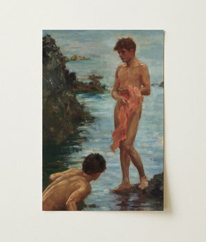Rectangular Oil Painting Two Nude Boys Water Pink Henry Scott, Tuke, Eden’s Echo Reimagined