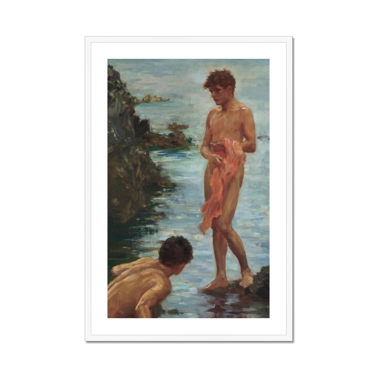 A Bathing Group - Henry Scott Tuke Painting Art Print, Framed Painting Two Nude Men Sea