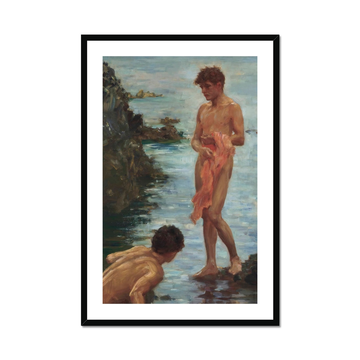 A Bathing Group - Henry Scott Tuke Painting Art Print, Framed Painting Two Nude Men Sea