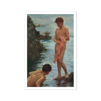 A Bathing Group - Henry Scott Tuke Painting Art Print, Oil Painting Two Nude Men Sea