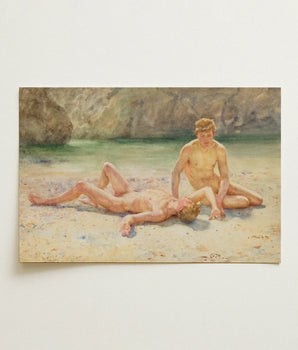 Watercolor Painting Two Nude Figures Sandy Beach Rocky Henry Scott Tuke, Noonday Heat, Bathing Group, Male Nudes, Shimmer