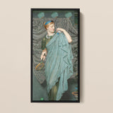 Framed Painting Woman Elegant Teal Gown Pearl Jewelry Albert Joseph Moore, Moore’s Battledore, Victorian Aestheticism