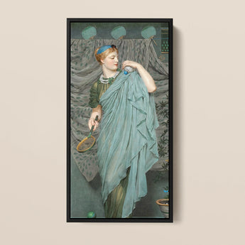 Framed Painting Woman Elegant Teal Gown Pearl Jewelry Albert Joseph Moore, Moore’s Battledore, Victorian Aestheticism