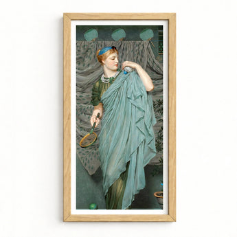 Framed Art Print Woman Elegant Teal Gown Ruffled Albert Joseph Moore, Moore’s Battledore, Victorian Aestheticism