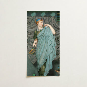 Vertical Rectangular Print Woman Elegant Teal-green Draped Gown Albert Joseph Moore, Moore’s Battledore, Victorian Aestheticism