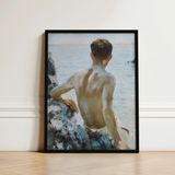 Beach Study - Henry Scott Tuke Art Print / Canvas Black-framed Painting Shirtless Man Seated Rocky Terrain Water Maritime Rapture Unspools,