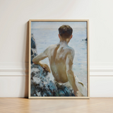 Beach Study - Henry Scott Tuke Art Print / Canvas Framed Painting Young Man Seated Rocks Sea Rendered Maritime Rapture Unspools, Soft