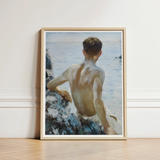 Beach Study - Henry Scott Tuke Art Print / Canvas Framed Painting Young Man Seated Rocks Sea Rendered Maritime Rapture Unspools, Soft