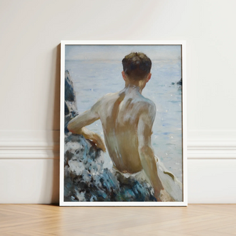 Beach Study - Henry Scott Tuke Art Print / Canvas Framed Painting Shirtless Man Seated Rocks Sea Rendered Maritime Rapture Unspools, Soft
