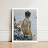 Beach Study - Henry Scott Tuke Art Print / Canvas Framed Painting White Frame Depicts Young Man Short Maritime Rapture Unspools, Soft