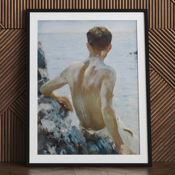 Beach Study - Henry Scott Tuke Art Print / Canvas Black Framed Painting Man Beach Maritime Rapture Unspools, Soft Oil-laden Murmurs, Henry