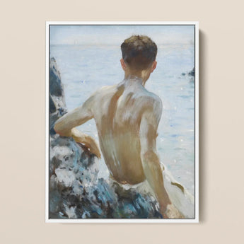 Beach Study - Henry Scott Tuke Art Print / Canvas Framed Oil Painting Young Man Seated Rocky Terrain Maritime Rapture Unspools, Soft