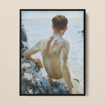 Beach Study - Henry Scott Tuke Art Print / Canvas Framed Painting Young Man Seated Rocky Terrain Water Maritime Rapture Unspools, Soft