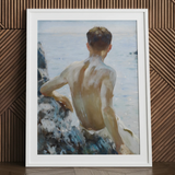 Beach Study - Henry Scott Tuke Art Print / Canvas White Framed Painting Man Beach Maritime Rapture Unspools, Soft Oil-laden Murmurs, Henry