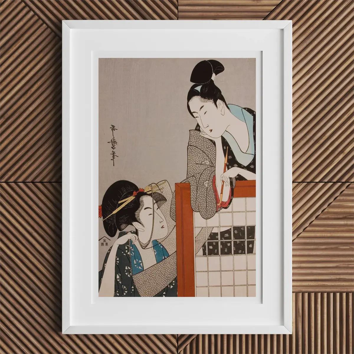 Framed Japanese art print representing Kitagawa Utamaro’s Ukiyo-e printmaking style.