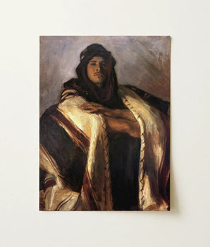 Framed Oil Painting Man Traditional Attire Rich Earthy John Singer Sargent, Bedouin Chief, Commanding Presence