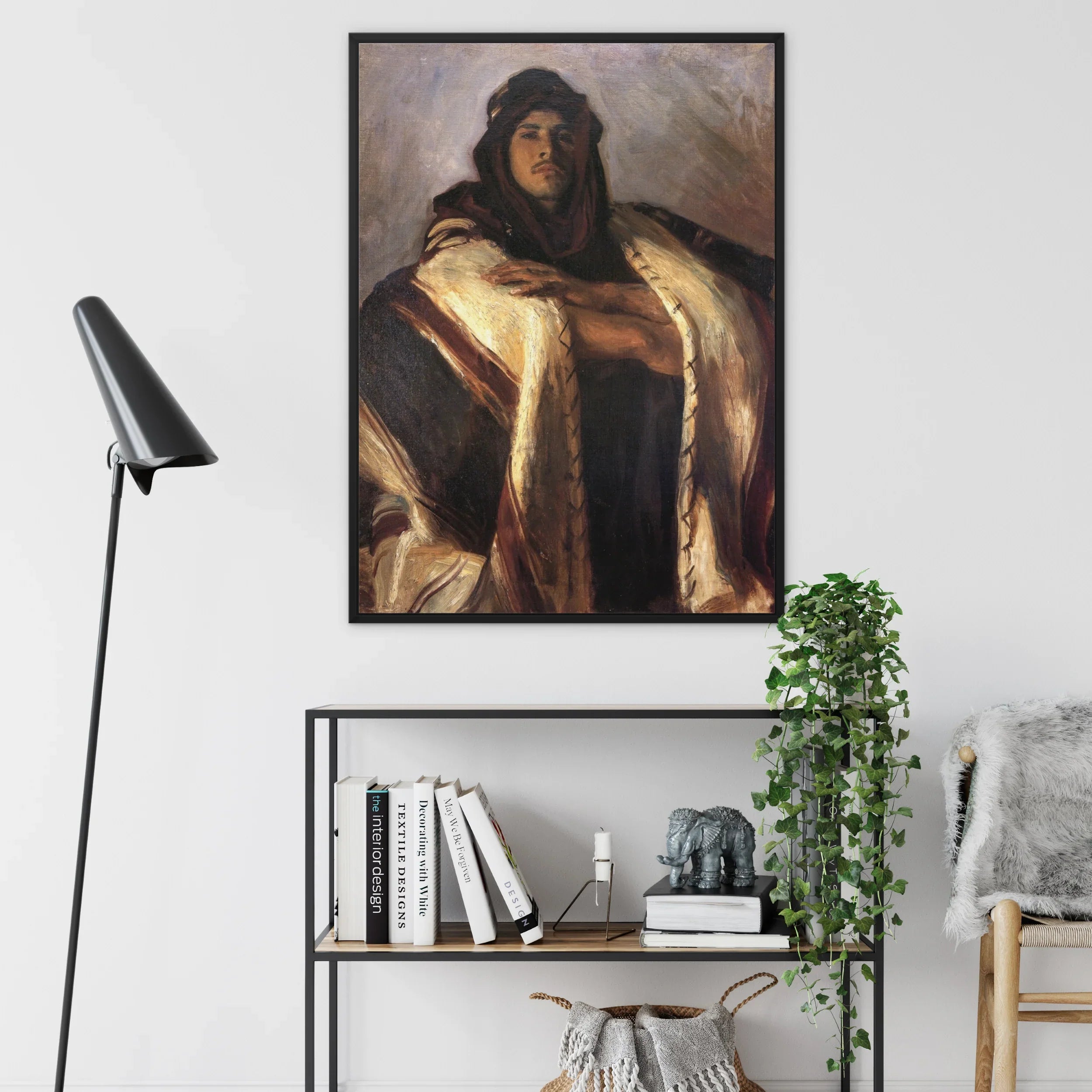 Bedouin Chief - John Singer Sargent Framed Canvas, Framed Oil Painting Figure Dark Robes Golden Accents