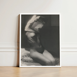 Black-and-white Framed Art Print Nude Figure Intimate Pose Michael Heumuller, Evocative Black and White Photograph, Introspective Beauty