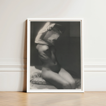 Black-and-white Framed Art Print Nude Figure Intimate Pose Michael Heumuller, Evocative Black and White Photograph, Introspective Beauty