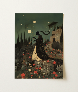 Rectangular Art Print Silhouette Figure Black Cream Gown, Gothic Fairytale Sorceress, Plant Venetian Women