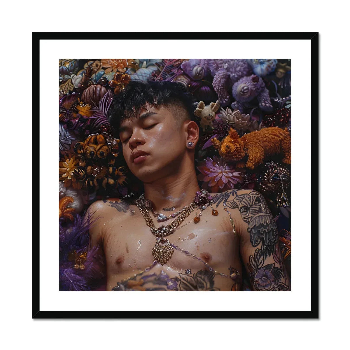 Bent & Spent Gaysian Thai Twunk Art Print, Artistic Portrait Surrounded Vibrant Purple Orange Flowers