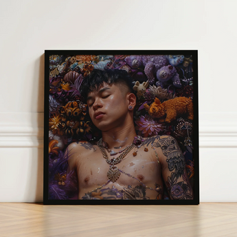Black-framed Canvas Print Man Tattoos Surrounded Colorful Stuffed Gaysian Thai Twunk, Homoerotic, Art