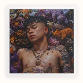 Bent & Spent - Gaysian Thai Twunk Art Print / Canvas Young Man Closed Eyes Surrounded Colorful Flowers Objects Gaysian Thai Twunk, Twunk