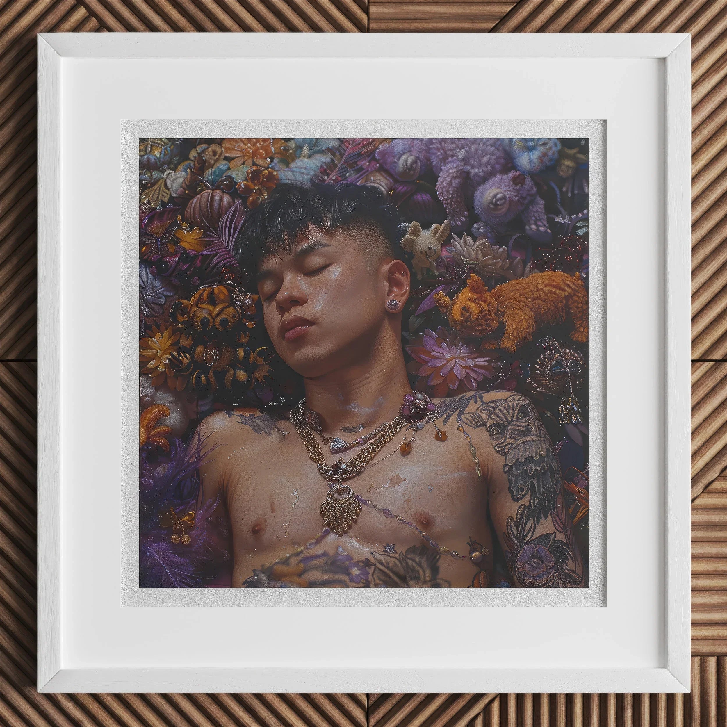 Bent & Spent - Gaysian Thai Twunk Art Print, Framed Artwork Young Man Surrounded Vibrant Flowers Sea