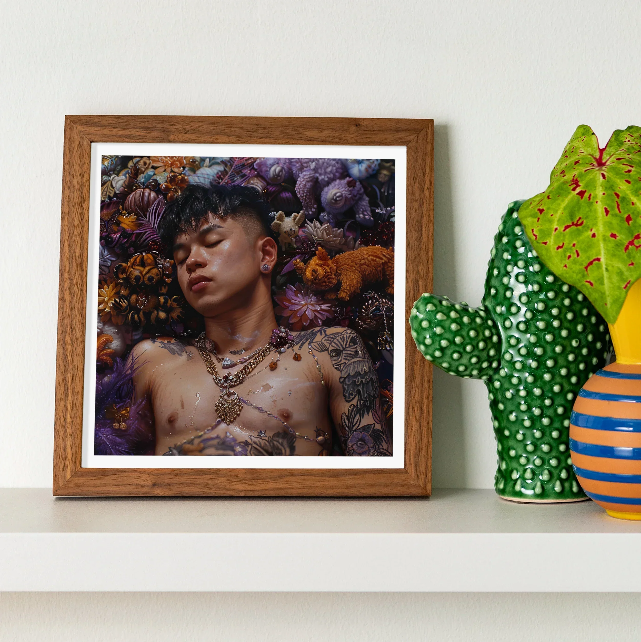 Bent & Spent Gaysian Thai Twunk Art Print, Framed Photograph Person Surrounded Colorful Sea Anemones Coral