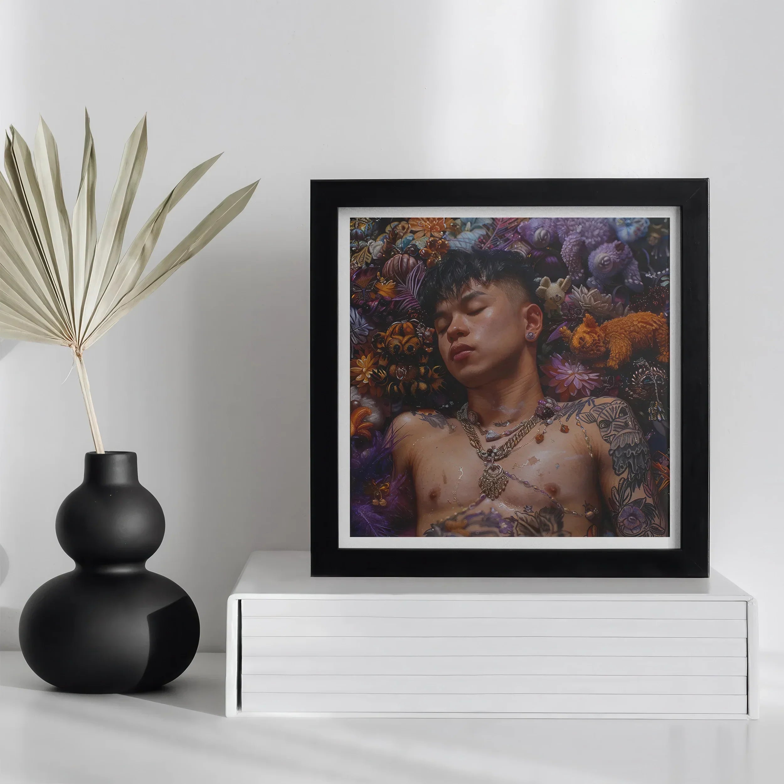 Bent & Spent Gaysian Thai Twunk Art Print, Framed Portrait Person Surrounded Colorful Underwater Like Elements