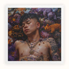Bent & Spent Gaysian Thai Twunk Art Print, Young Man Closed Eyes Surrounded Colorful Flowers Objects