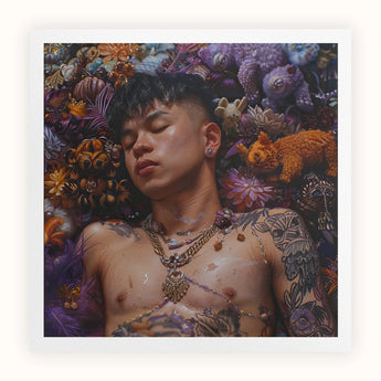 Bent & Spent - Gaysian Thai Twunk Art Print, Young Man Closed Eyes Surrounded Colorful Flowers Objects