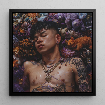 Bent & Spent - Gaysian Thai Twunk Framed Canvas, 12x12’’ / 31x31cm / Black Floating Frame, Framed Art Print Tattooed Man