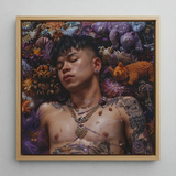 Bent & Spent - Gaysian Thai Twunk Framed Canvas, 12x12’’ / 31x31cm / Natural Floating Frame, Framed Artwork Person Surrounded Whimsical