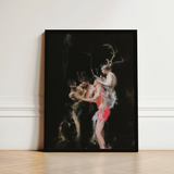 Black-framed Artwork Mythological Figures Antlers Vibrant Red Accents Horned Figure Floats, Pagan Art Print, Branching