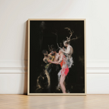 Framed Artwork Dark Dramatic Scene Figures Motion Black Horned Figure Floats, Pagan Art Print, Antlers Branching