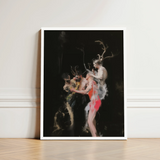 Framed Artwork Dark Dramatic Scene Figures Motion Black Horned Figure Floats, Pagan Art Print, Antlers Branching
