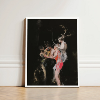 Framed Artwork Dark Dramatic Scene Figures Motion Black Horned Figure Floats, Pagan Art Print, Antlers Branching