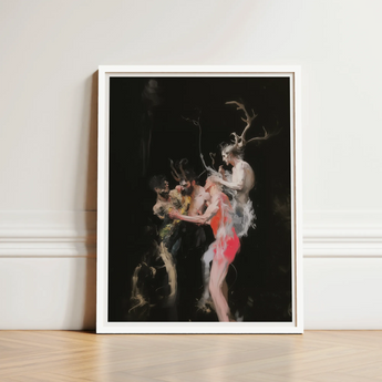 Framed Artwork Dark Dramatic Scene Figures Adorned Antlers Horned Figure Floats, Pagan Art Print, Branching