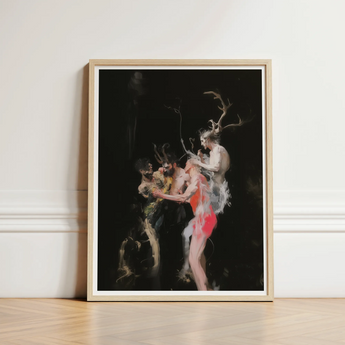 Framed Artwork Dramatic Darkly Lit Scene Figures Dynamic Horned Figure Floats, Pagan Art Print, Antlers Branching