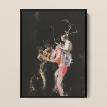 Bestial - Neo-baroque Pagan Art Print / Canvas Black-framed Artwork Dramatic Darkly Lit Scene Figures Dynamic Horned Figure Floats, Pagan