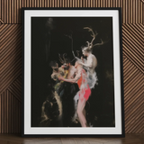 Bestial - Neo-baroque Pagan Art Print / Canvas Black-framed Art Print Dramatic Darkly Lit Painting Mythological Horned Figure Floats, Pagan