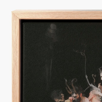 Framed Canvas Print Dark Moody Painting Pale Figures Horned Figure Floats, Pagan Art, Antlers Branching