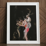 Bestial - Neo-baroque Pagan Art Print / Canvas White-framed Artwork Dramatic Darkly Lit Scene Figures Adorned Horned Figure Floats, Pagan