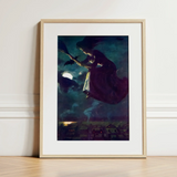 Beware the Beautiful Witch - Power O’malley Art Print / Canvas Framed Artwork Witch Broomstick Dark Moonlit Sky Bats Aubergine Fabric