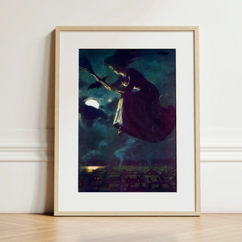 Beware the Beautiful Witch - Power O’malley Art Print / Canvas Framed Artwork Witch Broomstick Dark Moonlit Sky Bats Aubergine Fabric